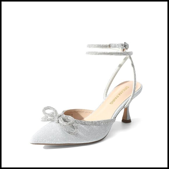 Rhinestone Bow Ankle Strap Kitten Heels Elegant Stiletto Pumps Wedding Party